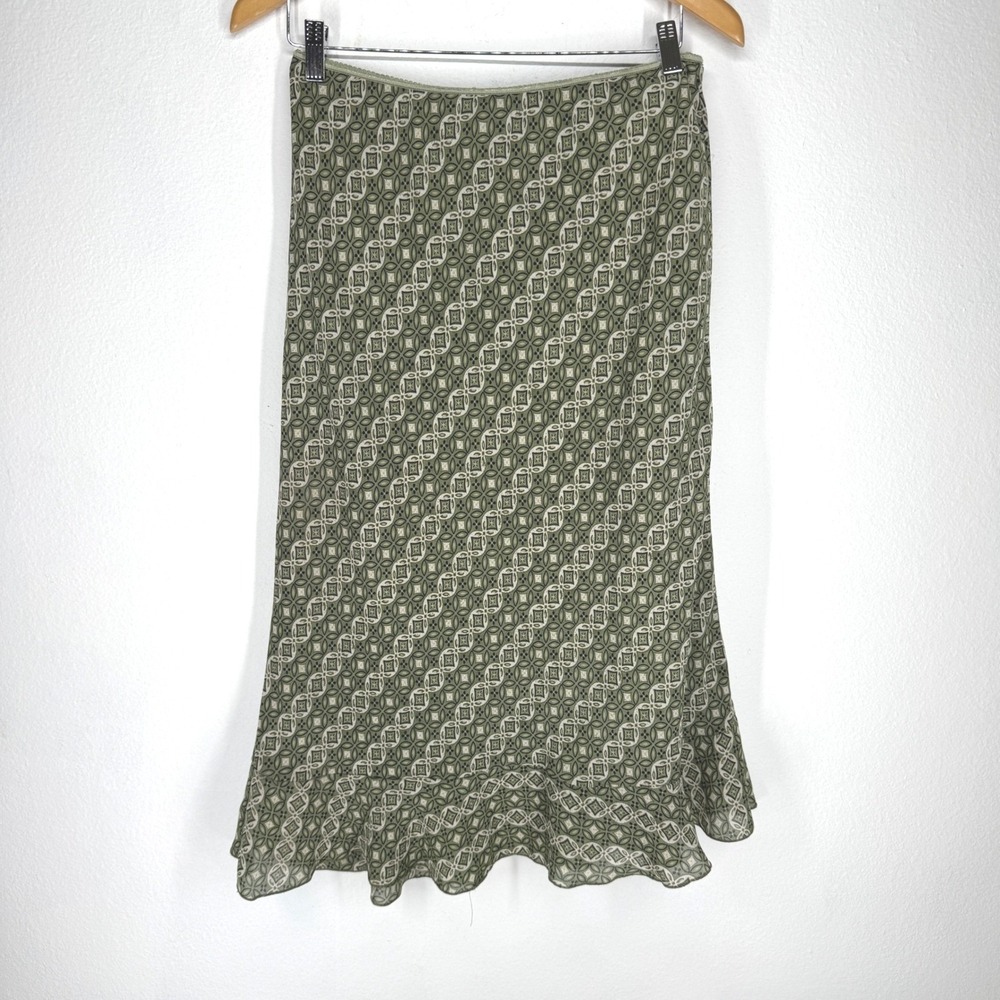 Vintage Olive Green Geometric Ruffle Hem Midi Slip Skirt Womens Boho 90s Flowy